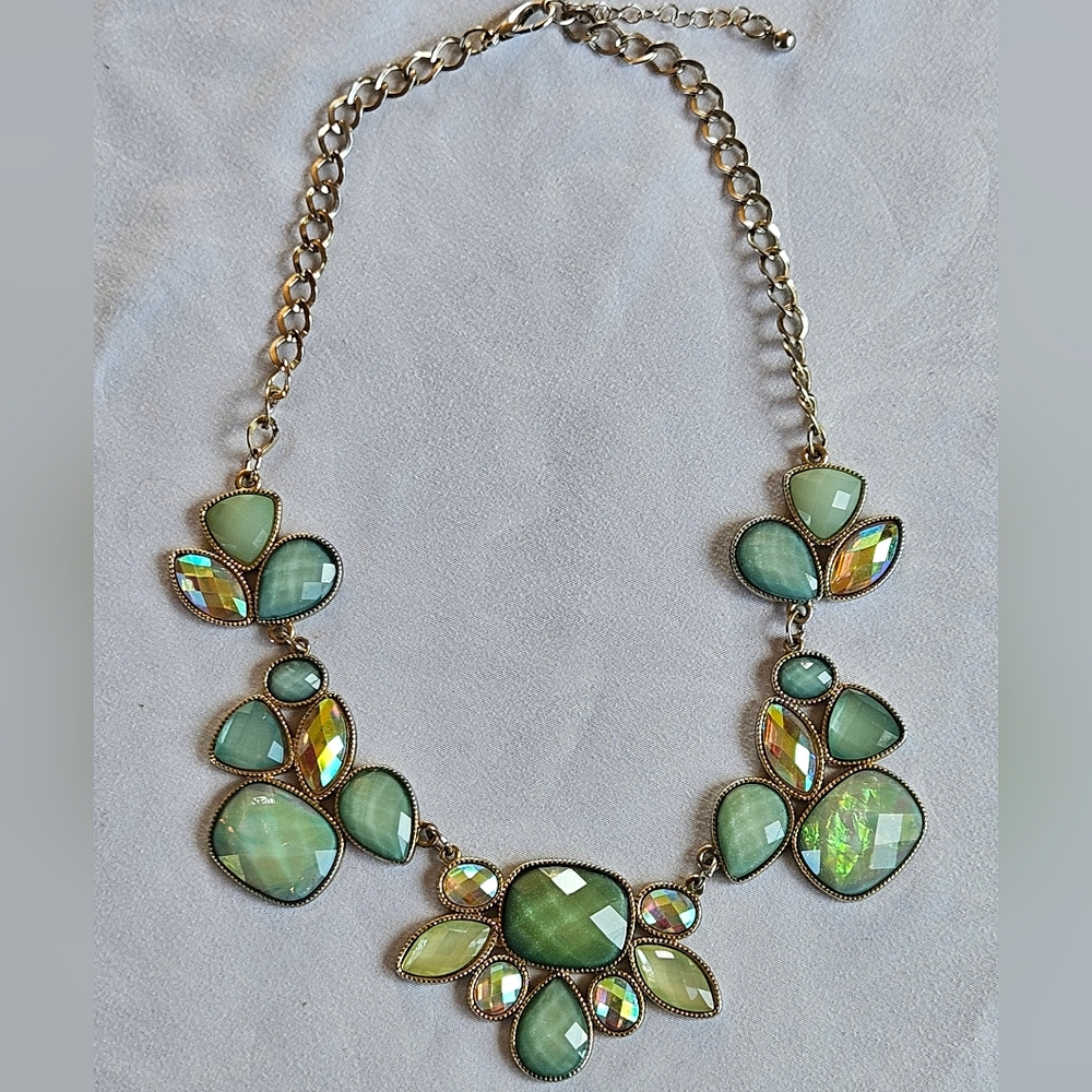 Statement Necklace Opal Like Green Rhinestones Costume Jewelry Chunky
